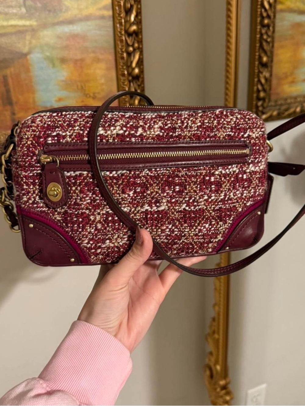 Coach Maroon Tweed Crossbody with Leather Trim